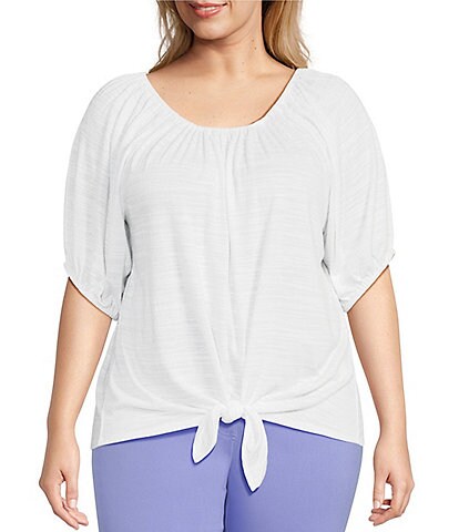Ruby Rd. Plus Size Knit Textured Elasticized Scoop Neck Balloon Elbow Sleeve Tie-Front Hem Shirt