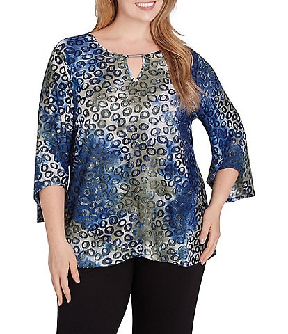 Ruby Rd. Plus Size Knit Tie Dyed Spot Print Keyhole Neck Bar Detail 3/4 Sleeve Top