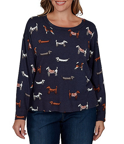 Ruby Rd. Plus Size Knit Tiny Dog Boat Neck Long Sleeve Sweater