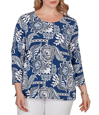 Ruby Rd. Plus Size Knit Tropical Patchwork Print Scoop Neck 3/4 Sleeve Top