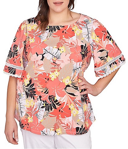 Ruby Rd. Plus Size Knit Tropical Print Scoop Neck Short Sleeve Tee