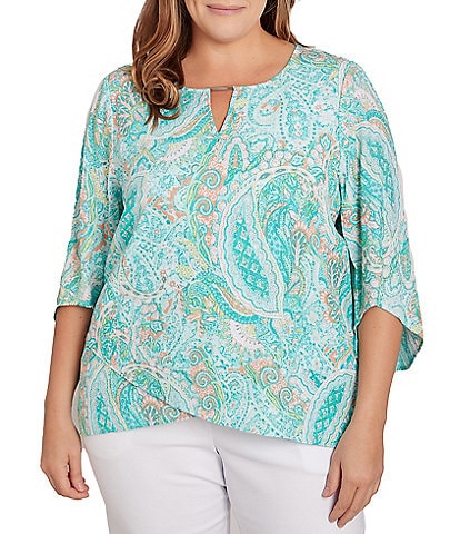 Ruby Rd. Plus Size Printed Knit Turkish Keyhole Bar Detail 3/4 Flounce Sleeve Top
