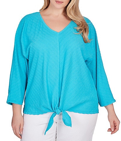 Ruby Rd. Plus Size Knit V-Neck 3/4 Sleeve Tie-Front Top
