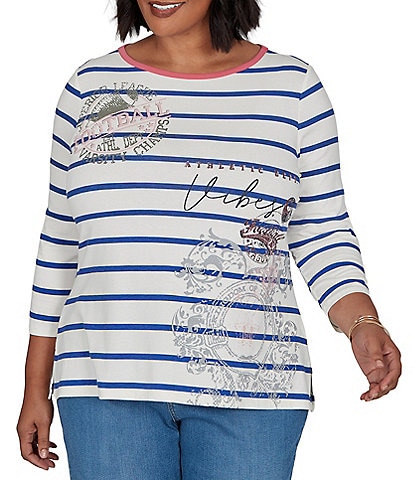 Ruby Rd. Plus Size Knit Varsity Stripe Floral Placement Scoop Neck 3/4 Sleeve Tee