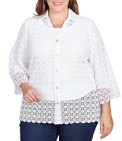 Ruby Rd. Plus Size Lace Point Collar 3/4 Sleeve Button-Front Blouse