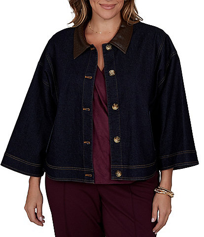 Ruby Rd. Plus Size Light Weight Denim Faux Leather Collar 3/4 Sleeve Button Front Caplet Jacket