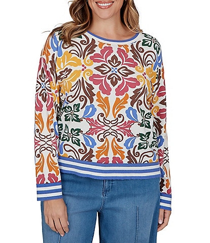 Ruby Rd. Plus Size Lightweight Knit Bold Floral Striped Trim Boat Neck Long Sleeve Sweater