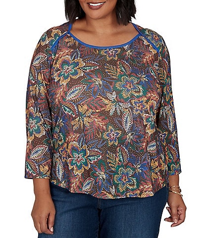 Ruby Rd. Plus Size Lightweight Knit Floral Scoop Neck 3/4 Sleeve Solid Trim Pullover