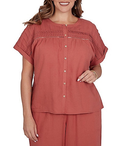 Ruby Rd. Plus Size Linen Blend Banded Round Neck Short Cuff Sleeve Button Front Shirt