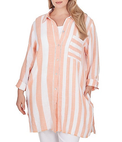 Ruby Rd. Plus Size Linen Blend Striped Point Collar 3/4 Roll-Tab Button-Front Long Shirt