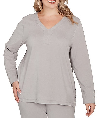 Ruby Rd. Plus Size Luxe Rib Knit V-Neck Long Sleeve Popover Top