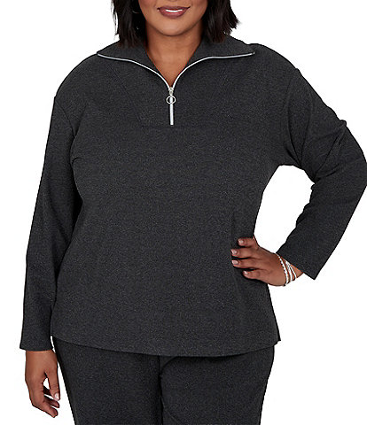 Ruby Rd. Plus Size Luxe Rib Knit Portrait Long Sleeve Quarter Zip Pullover Top