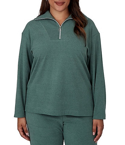 Ruby Rd. Plus Size Luxe Rib Knit Portrait Long Sleeve Quarter Zip Pullover Top