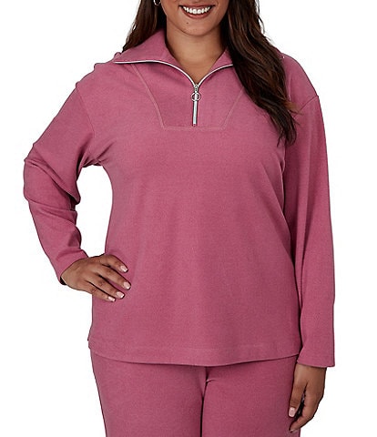 Ruby Rd. Plus Size Luxe Rib Knit Portrait Long Sleeve Quarter Zip Pullover Top