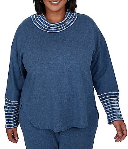 Ruby Rd. Plus Size Luxe Ribbed Knit Combo Fair Isle Trim Cowl Neck Long Sleeve Sweater