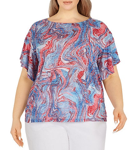 Ruby Rd. Plus Size Marbled Print Round Neck Short Dolman Flutter Sleeve Top