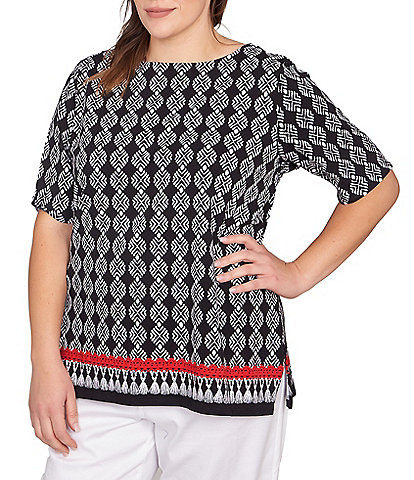 Ruby Rd. Plus Size Medallion Border Print Boat Neck Elbow Sleeve Top