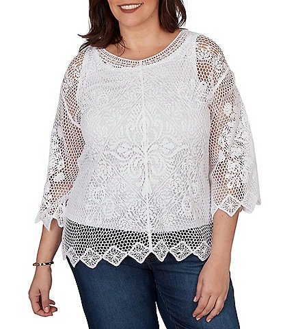 Ruby Rd. Plus Size Medallion Crochet Lace Scoop Neck 3/4 Sleeve Top