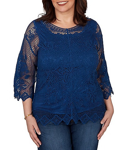 Ruby Rd. Plus Size Medallion Crochet Lace Scoop Neck 3/4 Sleeve Top