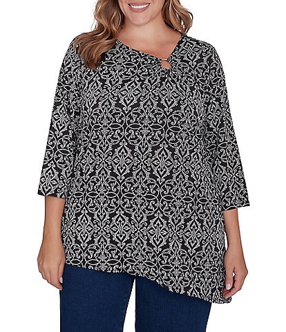 Ruby Rd. Plus Size Medallion Knit Asymmetric Neck 3/4 Sleeve Top