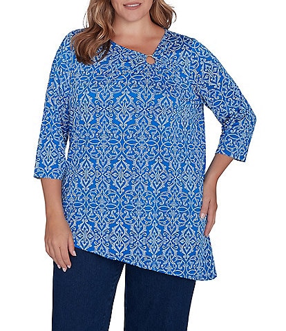 Ruby Rd. Plus Size Medallion Knit Asymmetric Neck 3/4 Sleeve Top