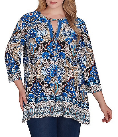 Ruby Rd. Plus Size Medallion Knit Keyhole Round Neck 3/4 Sleeve Top