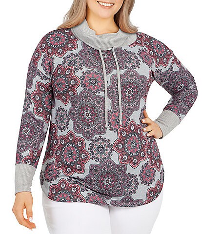 Ruby Rd. Plus Size Medallion Print Cozy Knit Drawstring Funnel Collar Long Sleeve Pullover