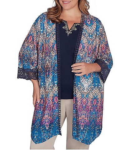 Ruby Rd. Plus Size Medallion Print Mesh Lace Trim 3/4 Sleeve Open-Front Cardigan
