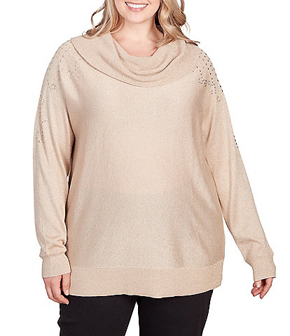 Ruby Rd. Plus Size Metallic Detail Cowl Neck Embellished Sleeve Pullover Sweater