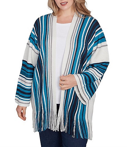 Ruby Rd. Plus Size Metallic Striped Long Sleeve Fringed Hem Open Front Car Sweater