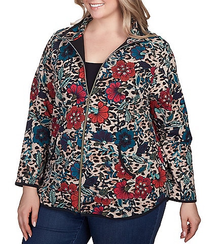 Ruby Rd. Plus Size Mixed Animal Floral Print Piped Trim Zip-Up Jacket