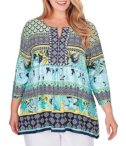 Ruby Rd. Plus Size Mixed Border Print Knit Split Square Neck 3/4 Sleeve Top