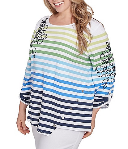 Ruby Rd. Plus Size Mixed Color Stripe Soft Knit Floral Embroidered Detail Scoop Neck 3/4 Sleeve Top