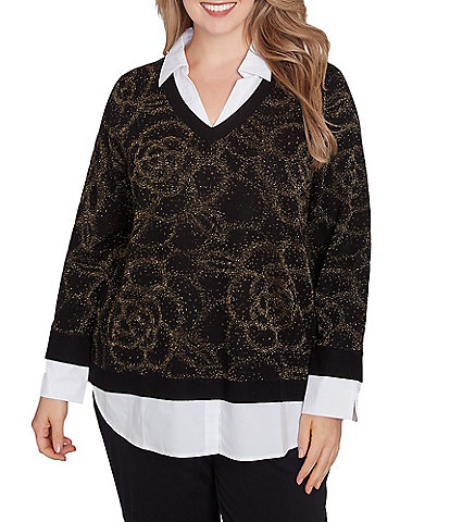 Ruby Rd. Plus Size Mixed Media Metallic Floral Jacquard Collared Long Sleeve Pullover Layered Sweater