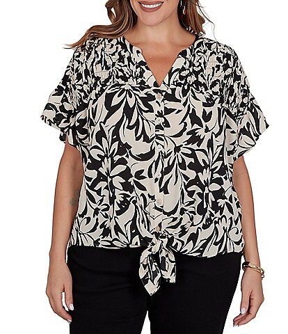Ruby Rd. Plus Size Mixed-Media Monochrome Floral V-Neck Short Ruffle Sleeve Button Tie Front Shirt