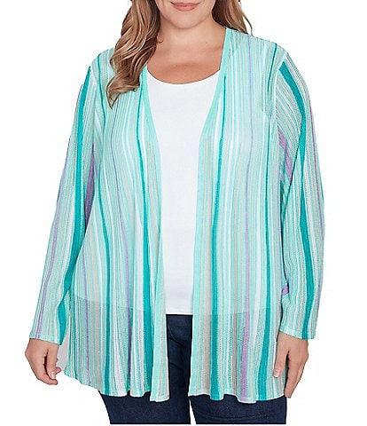 Ruby Rd. Plus Size Multicolor Stripe Long Sleeve Open-Front Cardigan