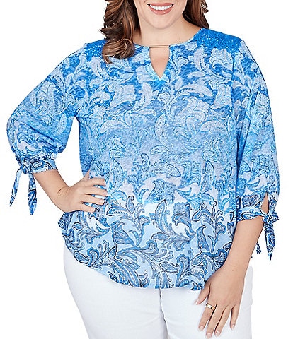 Ruby Rd. Plus Size Lotus Contrasting Panel Print Long Roll-Tab Sleeve  Button Front Top, Dillard's in 2023