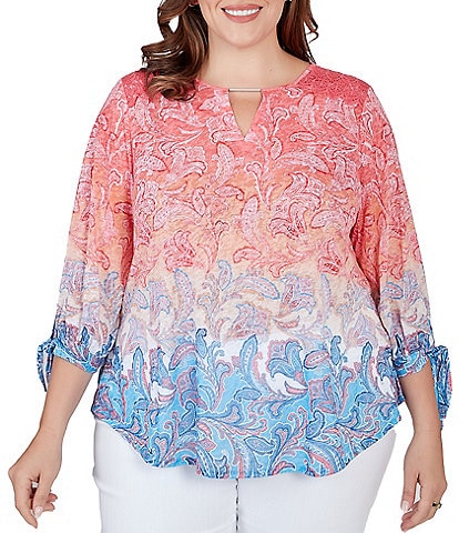 Ruby Rd. Plus Size Ombre Paisley Print Knit Keyhole Neck Embroidered Shoulder Tie-Sleeve Top