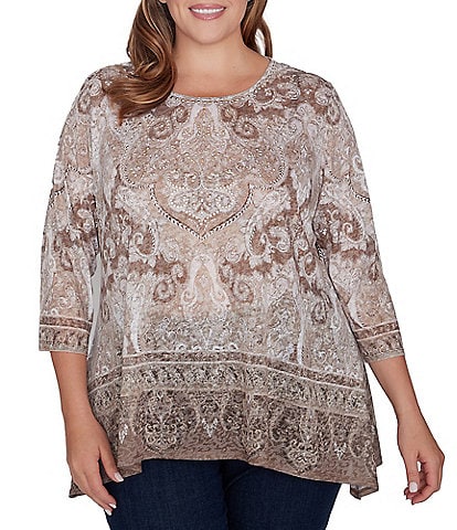 Ruby Rd. Plus Size Paisley Border Print Crew Neck 3/4 Sleeve Knit Embellished Bohemian Top