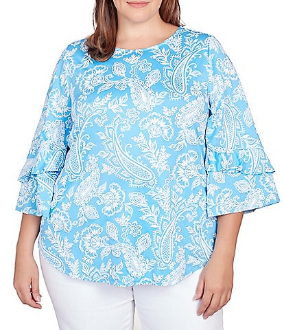 Ruby Rd. Plus Size Floral Print Knit Embellished 3/4 Sleeve Horseshoe Neck  Top