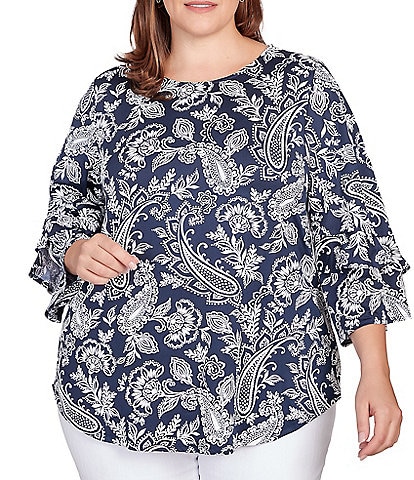 Ruby Rd. Plus Size Paisley Floral Print Knit Scoop Neck Double Flounce Sleeve Top