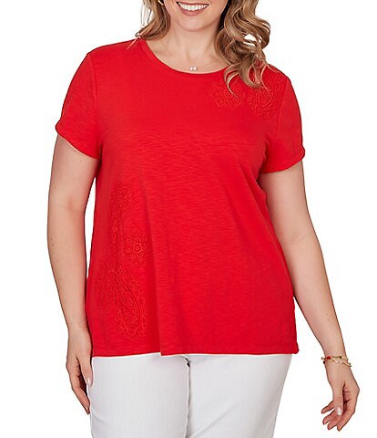 Ruby Rd. Plus Size Paisley Lace Accents Scoop Neck Short Sleeve Tee Top