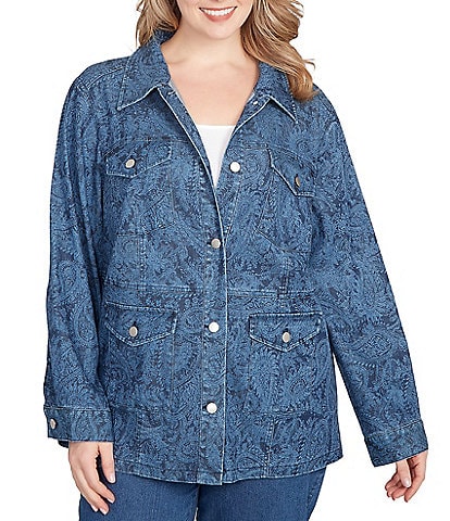 Ruby Rd. Plus Size Paisley Point Collar Long Sleeve Button Front Jacket