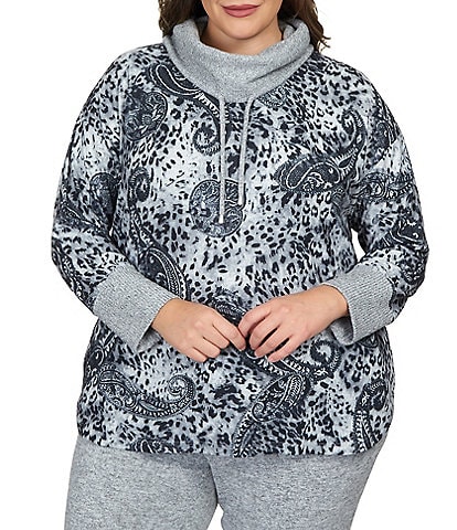 Ruby Rd. Plus Size Paisley Print Contrast Drawstring Cowl Neck Pullover