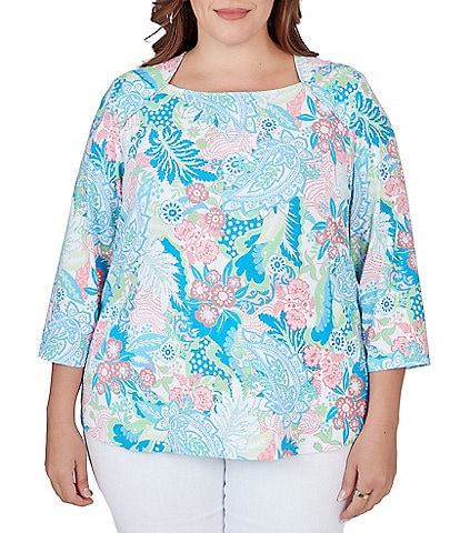 Ruby Rd. Plus Size Paisley Floral Print Knit Square Neck 3/4 Sleeve Top