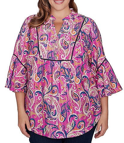 Ruby Rd. Plus Size Paisley Print Woven Embellished Bib Banded Collar 3/4 Bell Sleeve Top