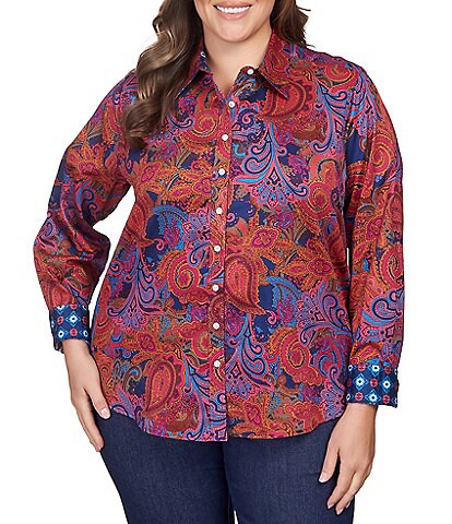 Ruby Rd. Plus Size Paisley Print Wrinkle Resistant Point Collar Long Sleeve Button Front Shirt