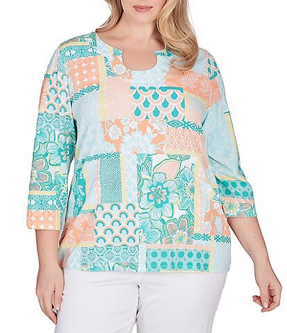 Ruby Rd. Plus Size Patchwork Knit Print Horseshoe Neck 3/4 Sleeve Top