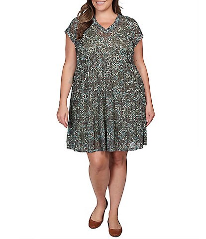 Ruby Rd. Plus Size Patchwork Print Mesh Knit V-Neck Short Sleeve A-Line Dress