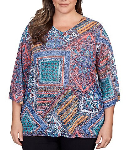Ruby Rd. Plus Size Patchwork Print V-Neck 3/4 Bell Sleeve Knit Shirt